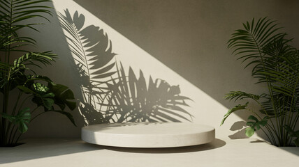 Minimalist podium with tropical plant shadows and natural light