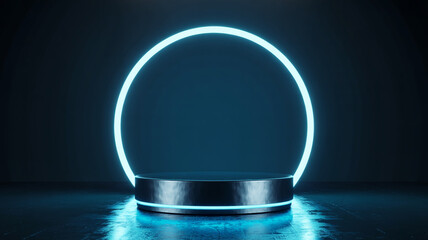 Futuristic neon egg shape display stand with blue glow