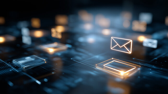 Digital Communication: Abstract representation of interconnected data and digital communication, featuring a glowing envelope symbol symbolizing email correspondence within a complex network.