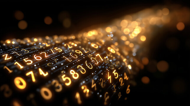Digital Stream of Numbers: A mesmerizing display of numerical data streams forth, the glowing digits flowing in a river of information.