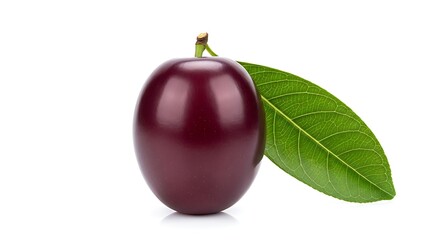 Fresh Ripe Plum Fruit with Green Leaf.