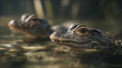 Fototapeta premium Two juvenile caimans are floating closely in the shallow water, their distinctive features and eyes partially breaking the surface. The calm water reflects the beauty of these juve