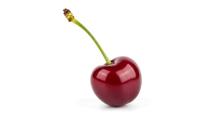 Fresh Red Cherry with Green Stem on White Background.