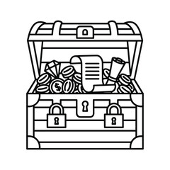 Open treasure chest filled with gold coins, diamonds, and a map, secured with padlocks, isolated on