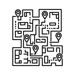 Abstract map with multiple location pins indicating points of interest or navigation, isolated on