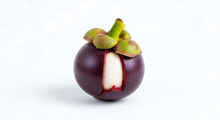Fresh Mangosteen Fruit Partially Peeled on White Background.