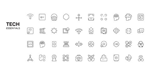 Collection of outline icons representing technology and digital essentials concepts