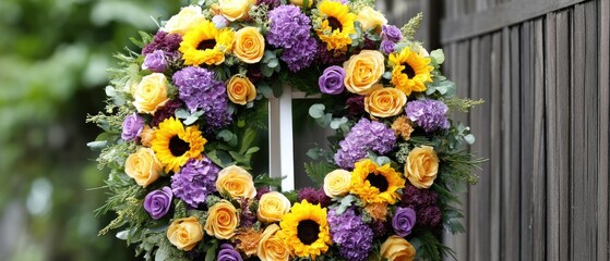 Colorful floral wreaths featuring sunflowers, roses, and purple blooms highlight a meaningful occasion with natural beauty