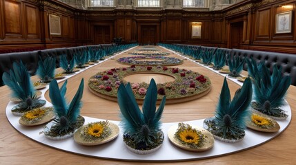 Colorful floral wreaths featuring sunflowers, roses, and purple blooms highlight a meaningful occasion with natural beauty