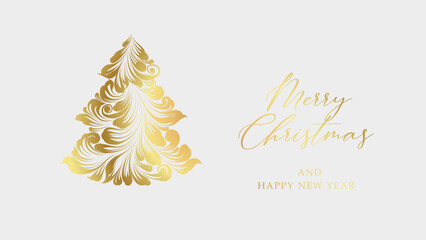 Christmas greeting card. Ornament fir tree new year background.