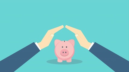 Hands protecting piggy bank, savings concept