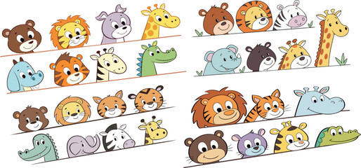 Horizontal Cute Animal Faces Strips Banner Set for Kids
