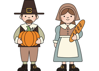 Charming flat illustration of a Pilgrim couple, a man holding a harvest pumpkin and a woman with a fresh loaf of bread, embodying historical settlers, autumn festivities, and holiday preparations