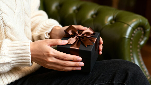 Woman holding a beautifully wrapped present in a black box with a brown ribbon, ready for a special occasion or heartfelt gift giving