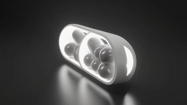 3D animated medical capsule opening revealing internal pills and spheres