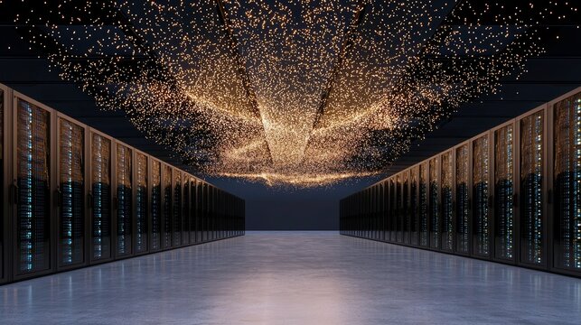 A long aisle in a data center with rows of server racks on either side, illuminated by glowing lights overhead. - Powered by Adobe