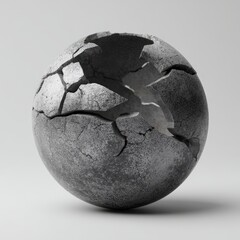 Close-up of a shattered metallic sphere with rough dark surface and cracks, creating a dramatic and futuristic abstract design concept.