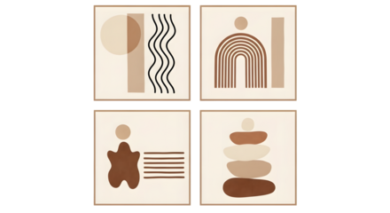 Four abstract minimalist art prints with geometric shapes and organic forms in earth tones isolated on a transparent background