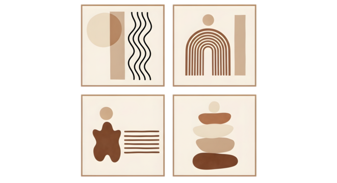 Four abstract minimalist art prints with geometric shapes and organic forms in earth tones isolated on a transparent background