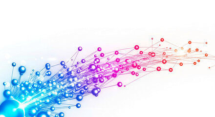Abstract illustration of spheres connected by lines, radiating light, representing network, communication and technology concepts, connection and data flow