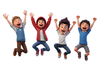 Four cartoon boys jumping with joy and excitement in casual clothing isolated on a transparent background