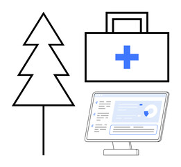 Minimalistic tree shape, medical kit with cross symbol, and data analytics on a computer screen. Ideal for healthcare, nature connection, technology, eco-innovation, digital health, sustainability