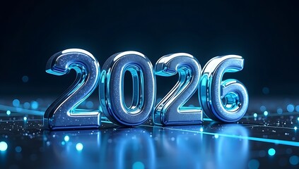 Happy New Year 2026 glossy blue metallic 3D numbers with glowing bokeh and reflection background