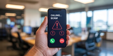 Person holding modern smartphone displaying incoming call warning for potential fraud