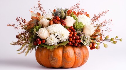 A vibrant floral display combines red and white roses, seasonal berries, and lush greenery arranged in a bright pumpkin