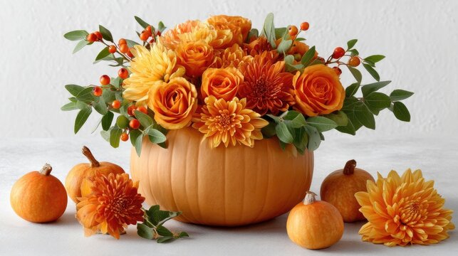 A vibrant floral display combines red and white roses, seasonal berries, and lush greenery arranged in a bright pumpkin