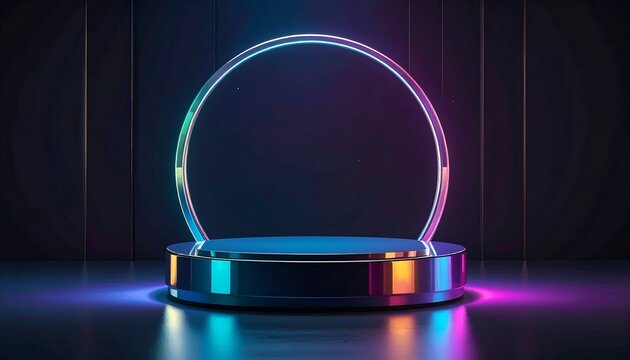 Lit, metallic pedestal with a glowing circular frame set against a dark backdrop - Powered by Adobe
