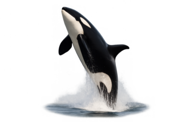 Orca killer whale breaching and jumping out of water with splashing, marine animal isolated on transparent background