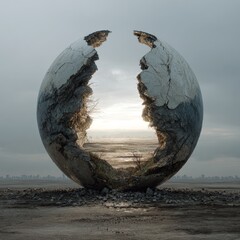 Abstract cracked sphere placed on a sandy beach reflecting ocean waves and cloudy sky, symbolizing surrealism and conceptual art design.