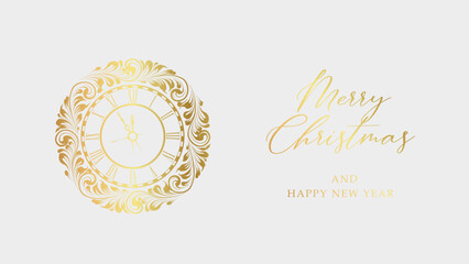 Christmas greeting card. Ornament new year background. Gold clock