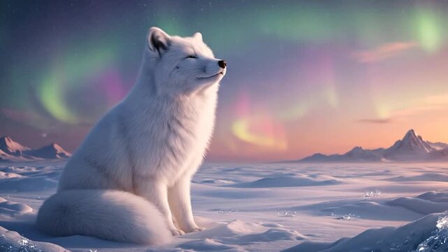 A serene image showcasing a white arctic fox in a snowy landscape with colorful aurora borealis lights