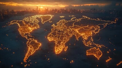 A world map with glowing lights representing global connections and communication