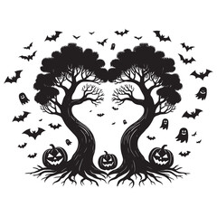Halloween Spooky Trees Bats Ghosts and Pumpkins Illustration in Black and White