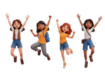 Four diverse cartoon girls in casual summer clothes jumping with joy isolated on a transparent background