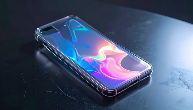 Phone with iridescent display, protected by a clear case, resting on a dark surface