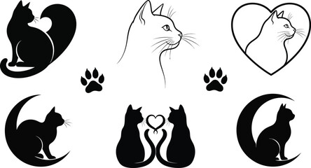 Elegant black and white feline illustrations. Graceful cat silhouettes, romantic pairs, profiles, hearts, moons, and paw prints for charming design elements
