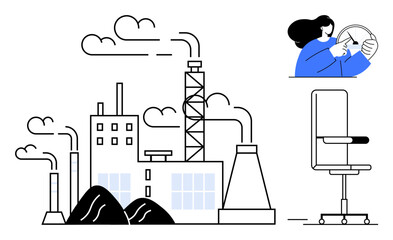 Factory with smokestacks, emission clouds, and a worker examining a gear. Includes an office chair. Ideal for industry, pollution, workforce, technology, process optimization ergonomics