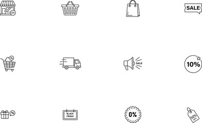 Shopping line icon set featuring sale, delivery, discount, retail and Black Friday vector symbols