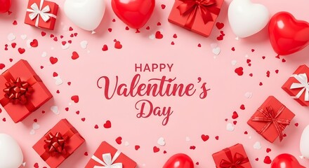 Happy valentines day with gifts and hearts on pink