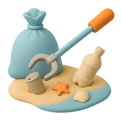 Colorful 3D Illustration of Litter Collection Tools on a Sandy Beach with Seashells and Starfish