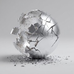 Abstract silver sphere broken into floating fragments on a light background, creating a futuristic and visually striking conceptual art piece.