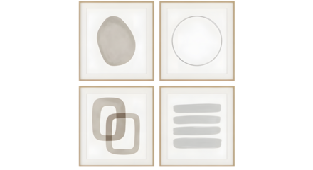 Four framed abstract art pieces with neutral tones and minimalist shapes isolated on a transparent background