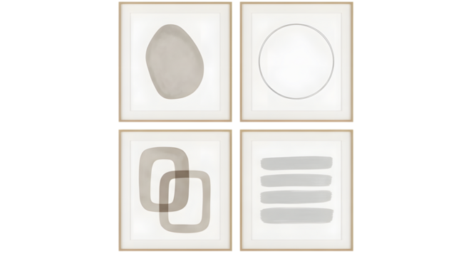 Four framed abstract art pieces with neutral tones and minimalist shapes isolated on a transparent background