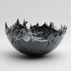 Abstract dark sphere broken into sharp fragments on a light background, symbolizing destruction and modern conceptual art design.