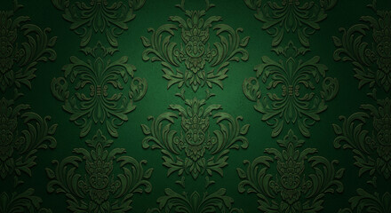 Luxurious Vintage Damask Pattern on rich emerald green Textured Background, Damask Floral Background Texture Design.