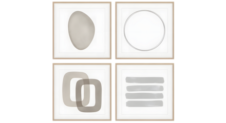 Four framed abstract art prints with neutral tones and geometric shapes isolated on a transparent background